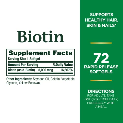 Nature's Bounty Biotin, Vitamin Supplement, Supports Metabolism For Energy And Healthy Hair, Skin, And Nails, 5000 Mcg, 72 Softgels #TOP1