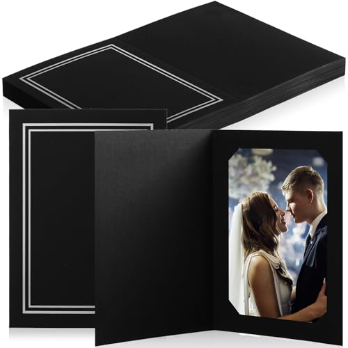 Fainne 50 Pcs Photo Folders for 4x6 or 5x7 Pictures Photo Frame Note Cards Paper Greetings Cardboard Picture Frame Photo Inserts Cards Picture for Portraits Graduation Wedding(Black, Silver Lining)