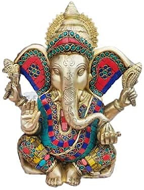 Explore India Ganpati in ottone con grandi orecchie/Scultura di Ganesh/Opera in pietra di Ganesha Murti/Testa di dio elefante/per regalo, tempio, statua decorativa per la casa/LxPxA-27,9 x