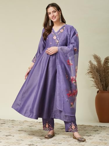 Image of MOKOSH Women's Silk Blend Embroidered Anarkali Kurta Pant with Dupatta | Anarkali Kurta Pant With Dupatta | V Neck 3 /4 Sleeve | Ethnic Wear | Floral Kurta 3 Color Available