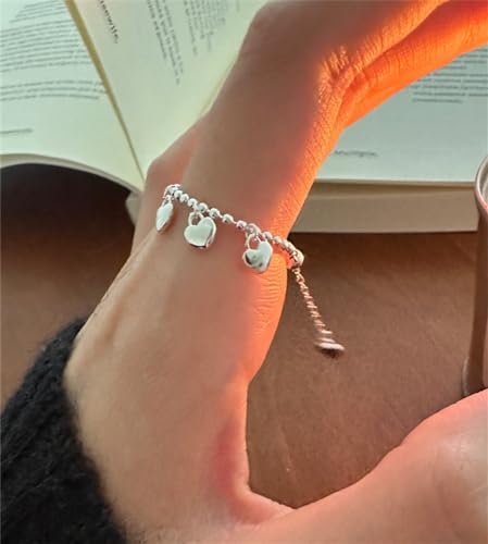 Dtja Delicate Heart Charm Ball Chain Adjustable Ring 925 Sterling Silver Promise Statement Rings for Women Girls Expandable Cute Finger Rings Fashion Wedding Engagement Valentine Jewelry Gift2