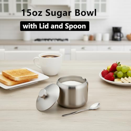 hiwafifi 15oz Sugar Bowl with Lid And Spoon, Stainless Steel Sugar Creamer Container, Round Sugar Jar, Durable Sugar Pot for Coffee Bar Accessories, Coffee Bar Decor, Home and Kitchen Storage, Silver - Image 3
