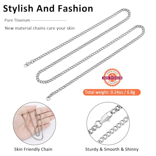SanThree Solid Pure Titanium Cuban Link Chain 3.5mm Finely Polished Skin Friendly Shinny Curb Chain Necklace for Women Men Sensitive Skin Valentines Birthday Gifts4