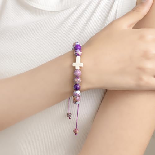 FRG Easter Basket Stuffers for Girls, Cross Charm Bracelet Easter Gifts for Womens Natural Stone Beaded Bracelet Christian Gifts for Girls Inspirational Jewelry4