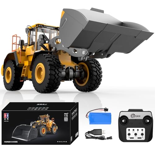 DOUBLE E Hobby Volvo L260H Remote Control Wheel Loader - 1:16 Alloy 4WD RC Construction Toy with 780ML Screw-Drive Bucket & Simulation Sound/Lights