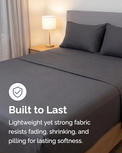 Image of Lightweight 4 Piece Bed Sheet Set King Size - Cooling Sheets for Hot Sleepers - Soft Breathable Bedding Set w / 8-16 Inch Deep Pockets - 1 Flat, 1 Fitted & 2 Pillowcases - Wrinkle Resistant - Dark Grey