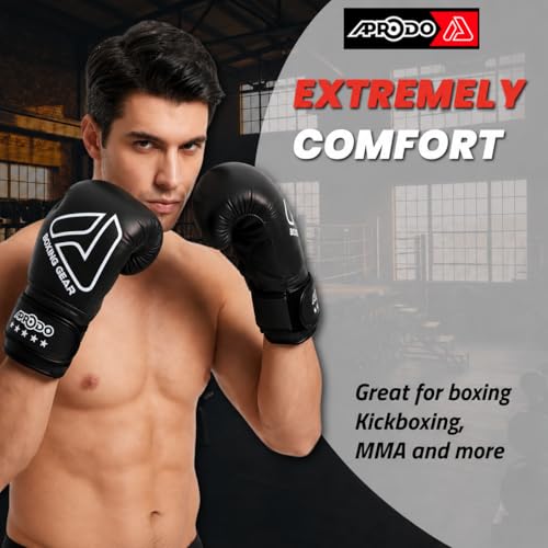 Image of APRODO Beginner Boxing Gloves for Kids & Adults - Men & Women Training, Sparring & Heavy Bag Gloves - Durable PU Leather with Wrist Support (Black /White, 12oz)