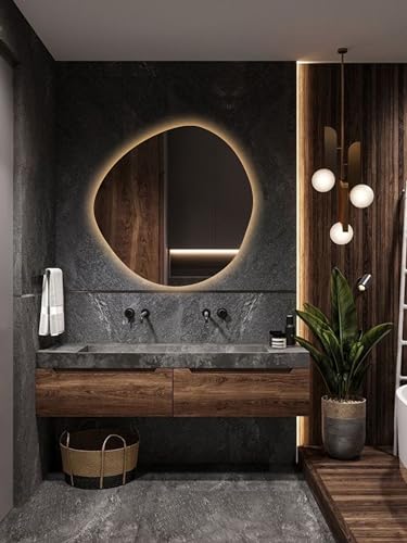 Asymmetrical Led Mirror, Modern Hanging Backlit Mirror, Aesthetic Irregular Round Bathroom Wall Mirror with Ligths, Led Lighted Frameless Mirror (Warm Light, 70x70 cm | 27.5"x27.5") - Image 3
