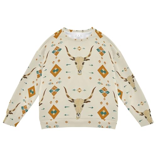 JUNZAN Retro Western Cow Skulls Geometric Kids Girls Hooded Sweatshirt Fleece Hoodies for Girls Camping 4T