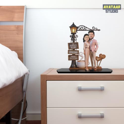Image of Wood Rectangular Personalized Caricature Gift for Couple, 7 Inches, Tabletop Multicolor, Art Deco Style (COUPLE 14)