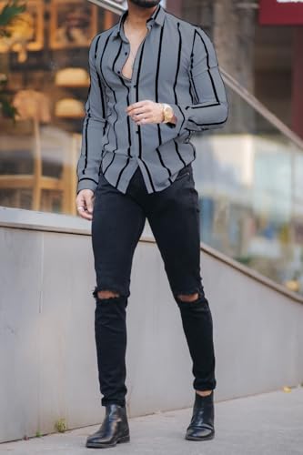 Image of MiraMichi Men's Striped Slim Fit Lycra Shirt | Full Sleeve Stretchable Shirt | Trendy Black and White Vertical Stripes for Casual