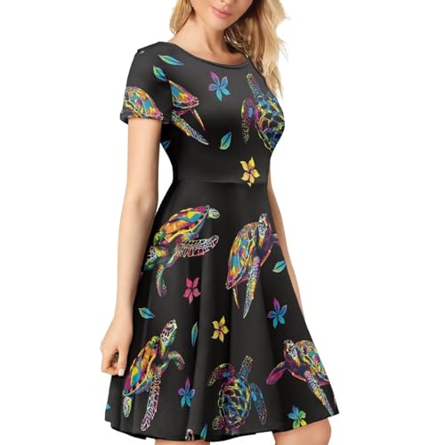 Image of POLERO Women Puffy Swing Elegant Party Midi Dresses Short Sleeve Round Neck A-Line Dress
