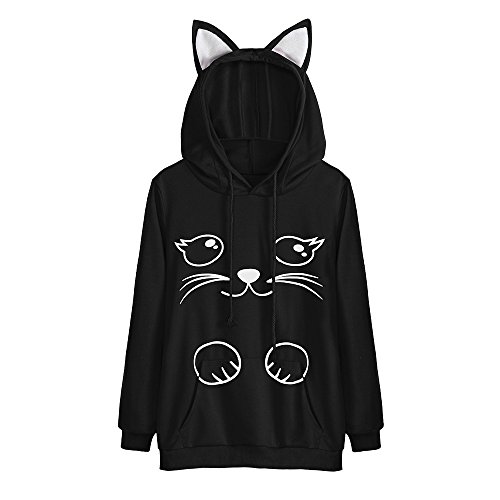 Preisvergleich Produktbild TOPKEAL Damen Cartoon Drucken Sweatjacke Langarm Mantel Katzenohren Hoodies Pulli Sweatshirt Pullover Steppjacke Kapuzenpullover Jacke Tops (Schwarz, XL)
