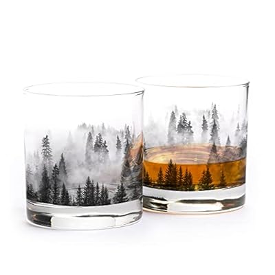 Black Lantern Whiskey Glass Set of 2 – 11oz Old Fashioned Cocktail Glasses with Forest & Clouds Artwork – Premium Rocks Tumblers for Bourbon, Scotch, and Mixed Drinks