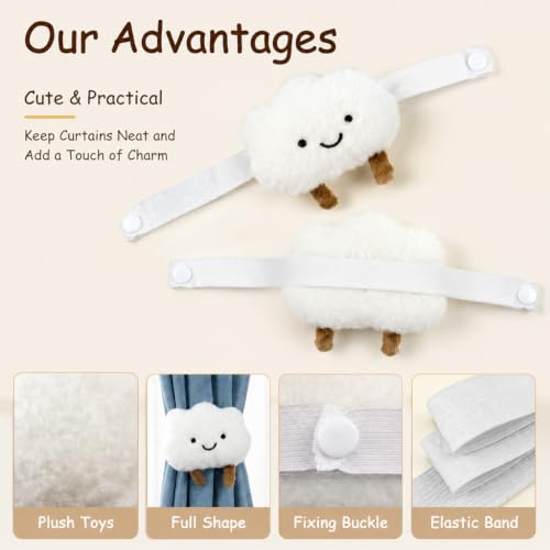 Image of HASTHIP 2pcs Cartoon Cloud Curtain Tiebacks Adjustable Snap Fit | Cute 3d plush design, flexible binding decor for kids bedroom nursery window curtains