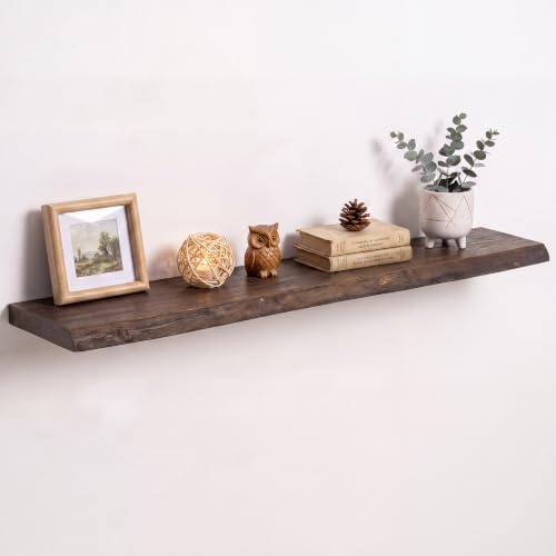 Image of RICHFOCUS Live Edge Elm Floating Shelves - 40 inch W x 9.3 inch D Rustic Solid Wood Wall Shelves with Invisible Bracket, Wall-Mounted for Living Room, Bedroom, Kitchen Storage & Display, Set of 1, Walnut