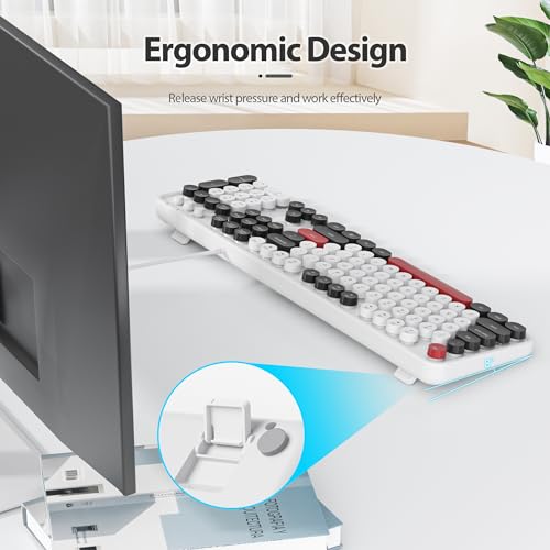 Image of Owpkeenthy Wired Cute Keyboard, Plug and Play USB Retro Round Typewriter Keyboard, Full Size Wired Keyboard with Foldable Stands for Laptop and Office PC (Minimalist White)
