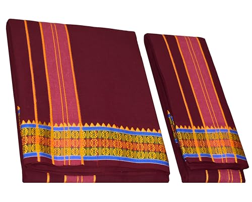 Image of TUNI MANI Men's Panchakacham Dhoti with Angavasthram with Zari Border, Cotton, Size: 9 X 5 (4.0mtr Dhoti, 2.25mtr Towel)