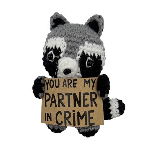 Funny Valentines Day Gift for Girlfriend Wife – Handmade Crochet Raccoon Collectible Figurines with Sign “You Are My Partner in Crime” – Cute Romantic Pocket Hug Token, Couple Anniversary Present