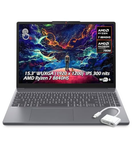 Image of Lenovo IdeaPad Slim 3 15.3 inch WUXGA 1920 x 1200 Touchscreen, AMD Ryzen 7 8840HS, AMD Radeon 780M, 24GB DDR5 RAM 1TB PCIe SSD, Wi-Fi6, Bluetooth 5.3, Windows 11, Luna Grey, w /USB Hub, W /GaLiMu