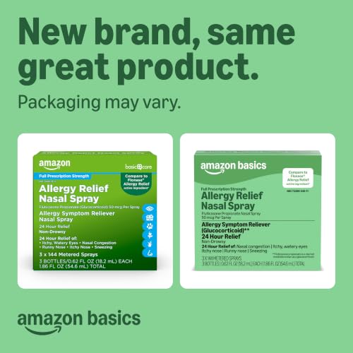 Image of Amazon Basics 24-Hour Allergy Relief Nasal Spray, Fluticasone Propionate (Glucocorticoid) 50 mcg, Full Prescription Strength, Non-Drowsy, 0.62 fl oz (Pack of 3) (Previously Care)
