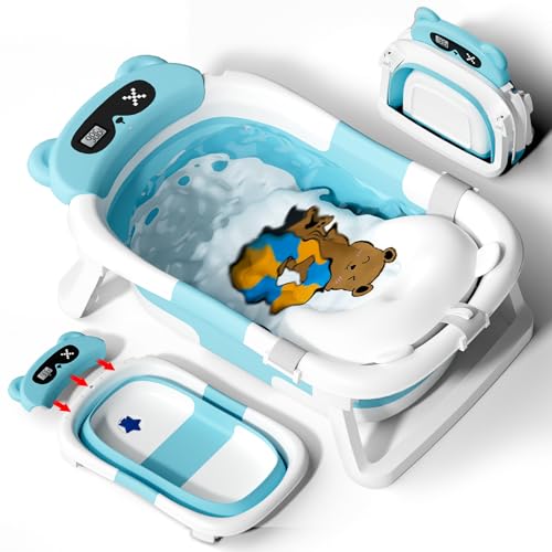 Image of AVIDOR Baby Bathtub,Collapsible Bathtub for Newborn to Toddler,Durable Essential Infant Bath Tub,Portable Travel Baby Bathtub with Soft Cushion,No-Slip Hanging and Detachable Bathtub(Blue)
