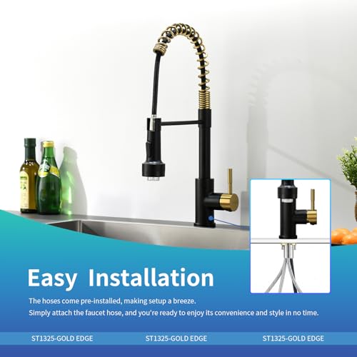 Image of GIMILI Black and Gold Kitchen Faucet with Pull Down Sprayer Single Hole Stainless Steel LED Faucet, Suitable for Farmhouses, RV, Laundry Room, Outdoor, and Campers. Llave para fregadero de cocina