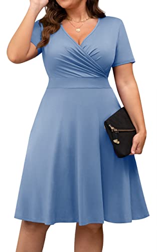 Image of POSESHE Womens Plus Size Dresses Summer Short Sleeve Wrap V-Neck Sundress Casual Wedding Guest Cocktail Dress with Pockets