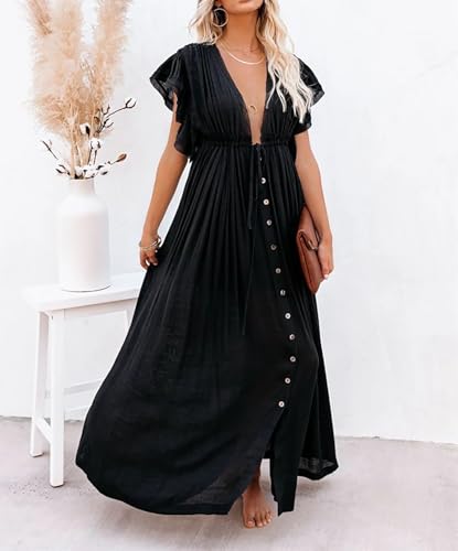 Image of R.Vivimos Maxi Dresses for Women 2026 Summer Short Sleeve V Neck Drawstring Tie Boho Loose Flowy Long Dresses with Pockets
