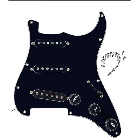 LAMSAM Prewired Pickguard Loaded Modern Tone Triple Single Coil Pickups for Electric Guitars with 11 Mounting Holes, 3-Ply Pick Guards Wired SSS Pick Ups Wiring Harness, All Black Cover