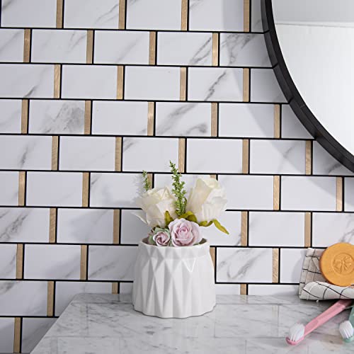 Lovdeco Peel And Stick Backsplash Wall Tile, White Marble With Gold Metal Pvc Kitchen Backsplash,5 Sheets #TOP2