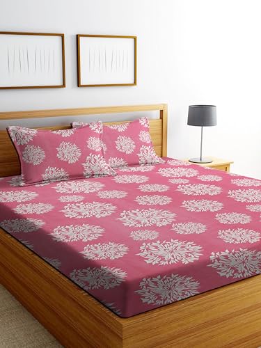 Image of DECORUM Glace Cotton Fitted 1 Bedsheet King Size (72 inchx78 inch) | All Around Elastic | Cotton Feel | 2 Pillow Covers (17 inchx27 inch) | Fits Up to 8 inch Mattress | 200-220 TC | Printed Double Bed Sheet Set