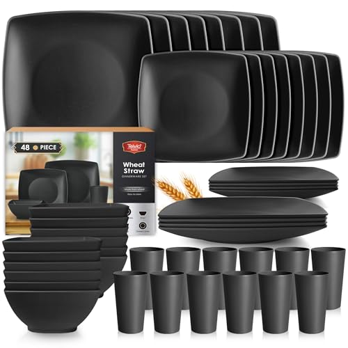 Teivio 48-piece Kitchen Plastic Wheat Straw Square Dinnerware Set for 12, Unbreakable Dinner Plates, Salad Plates, Snack Bowls, Tumblers 13.5 oz, Dishwasher Safe, Outdoor Camping Dish,Black Teivio 48-piece Kitchen Plastic Wheat Straw Square Dinnerware Set for 12, Unbreakable Dinner Plates, Salad Plates, Snack Bowls, Tumblers 13.5 oz, Dishwasher Safe, Outdoor Camping Dish,Black