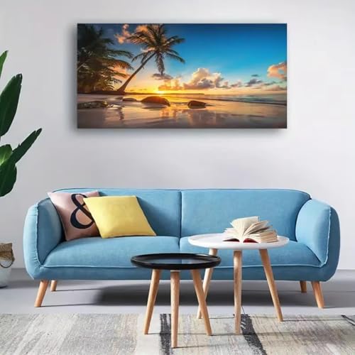 IHHGNB Cuadro sobre lienzo para pared, atardecer en una playa tropical con palmeras, cielo azul, océano, vista al mar, póster, impresión artística, 50 x 100 cm (20 x 39 pulgadas), sin marco