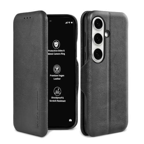Image of PULOKA for Samsung Galaxy S24 - Sleek Flip Case - Premium Vegan Leather Phone Cover with Card Slot - Slim, Durable, Privacy Protection - Kickstand Function - Elegant Flip Wallet Cases - Black