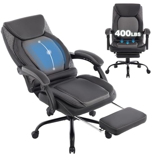 Image of Reclining Ergonomic Office Chair with Footrest, Big Tall Recliner Office Desk Chairs with Lumbar Support, 400lbs Heavy Duty High Back Leather Executive Computer Chair with Wheels, Back Grey