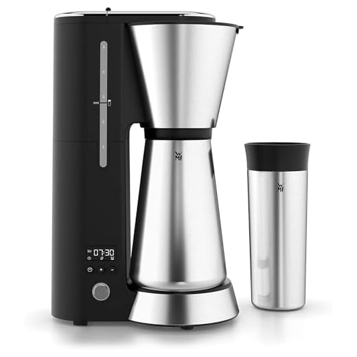 WMF Küchenminis Aroma Filterkaffeemaschine mit Thermoskanne, 870 Watt, Thermobecher to go, kleine Kaffeemaschine, Timer, Cromargan matt