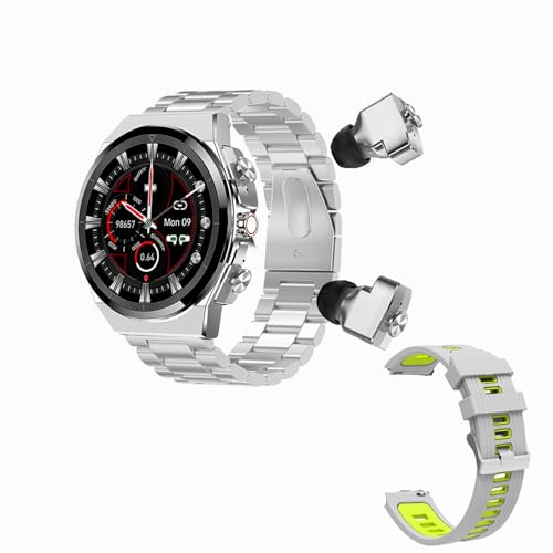 Tuanzi JM08 2 in 1 Smart Watch with Earbuds 1.28" Smartwatch TWS HiFi Stereo Wireless Headset Combo Bluetooth Phone Call for Android iOS (Silver Steel+Silicone)