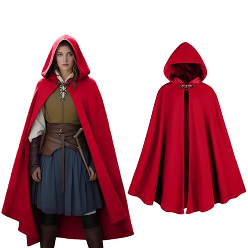 KDAFJLKD Womens Hooded Velvet Cloak Renaissance Medieval Buckle Cape Halloween Costume Cloak (Red)