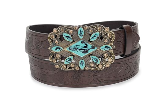 FGSS Ceinture western pour femme en cuir avec boucle en relief vintage pour homme, Turquoise café, Fit for Waist 28