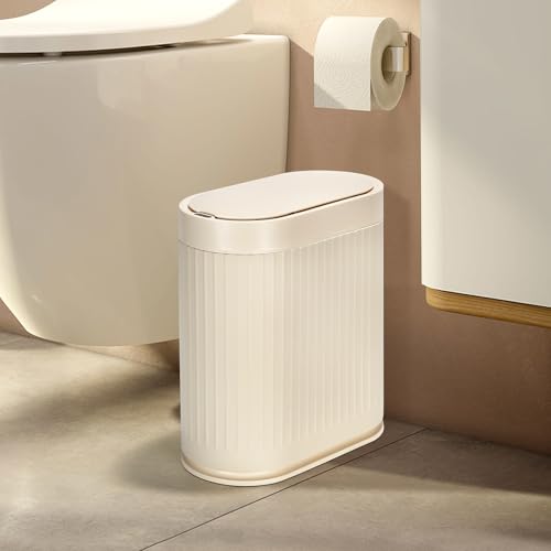 ELPHECO Bathroom Trash Can 2 Gallon Plastic Smart Garbage Can Waterproof Wastebasket Bathroom Decor Narrow Garbage Bin with Automatic lid for Bedroom, Kitchen (Beige)