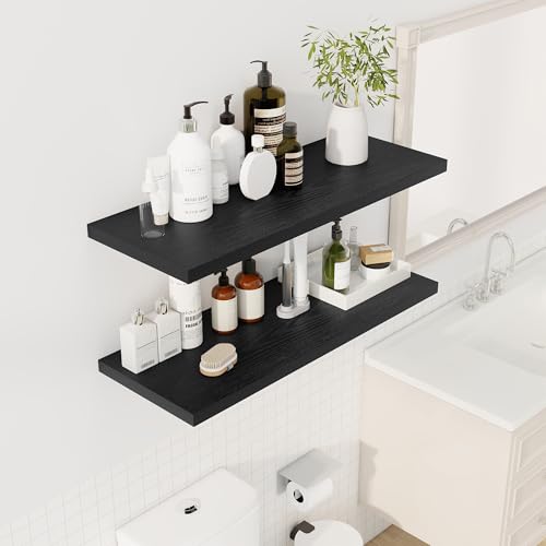 Image of Dreamland 36 inch Floating Shelves for Wall, 12 inch Deep Slim Black Floating Shelves, Wall-Mounted Shelves for Bedroom, Living Room, Kitchen, Bathroom - Set of 2