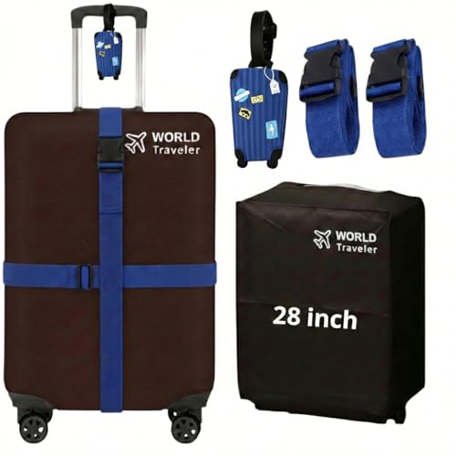 Kraptick Travel Protection Set: Non-Woven Luggage Cover, 2 Heavy-Duty Adjustable Straps & Privacy ID Tag – Scratch-Proof Suitcase Protector (Dark Brown-28 Inch)(Set of 4)