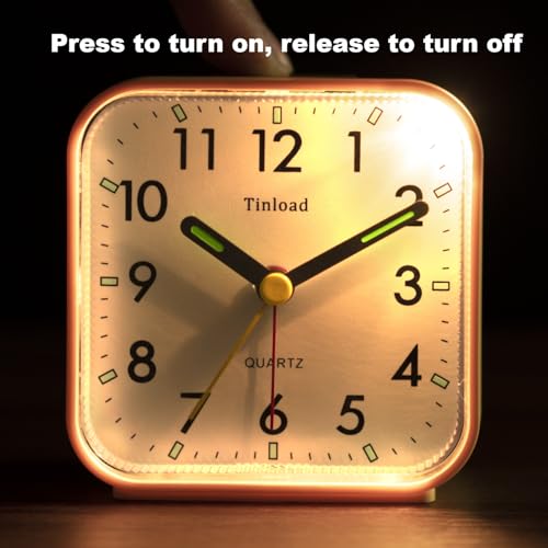 Tinload Small Battery Operated Analog Travel Alarm Clock Silent Non Ticking,Gentle Wake, Ascending Beep Sounds, Snooze,Lighted on Demand,Easy Set