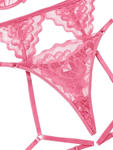 Image of Lilosy Sexy Choker Floral Lace Scallop Sheer Underwire Push Up Garter Belt Lingerie Set 3 Piece