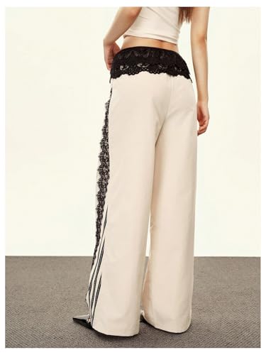 Floerns Women's Y2k Wide Leg Pants Elastic Waist Lace Trim Tie Side Going Out Trousers2