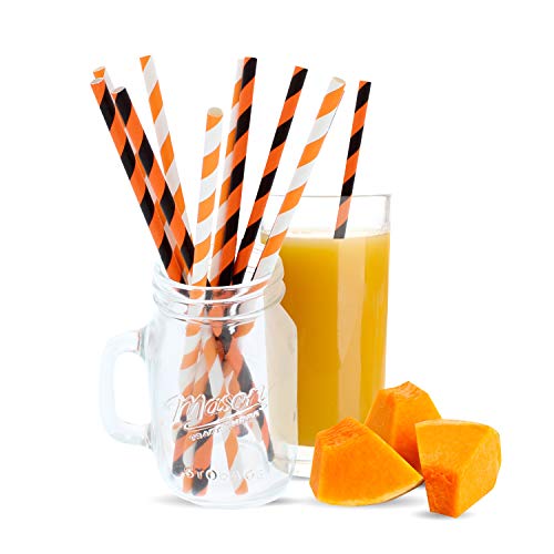 Party On Tap Paper Straws - Orange, White And Black Striped Party Straws - Pack Of 100 - Biodegradable And Disposable Pumpkin Party Decorations #TOP1