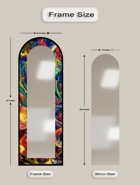 23,5’’W x 67’’H Cosmic Spectrum – Abstract Rainbow Swirl Floor Mirror Arched Full Lenght Mirror - Arch Full Body Stained Floor Mirror with Black Frame with Silver Frame