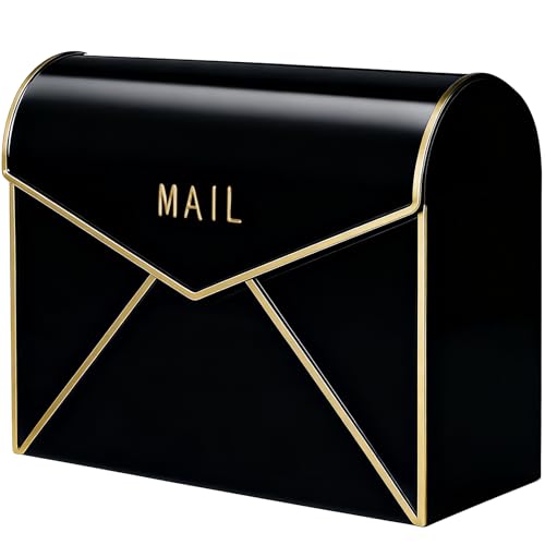 Kathfly Wall Mount Mailbox Waterproof Rustproof Metal Mail Holder 12.6\" W x 4.7\" D x 10.2\" H Large Wall Mounted Gold Trim Mail Envelope Post Box for Outside House Office Porch Outdoor Use(Black)