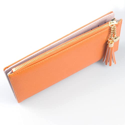Image of SUMGOGO Wallets for Women Slim Clutch Purse Handbag Card Holder Womens Long Tassel Zipper Pocket Fashion Taiga Leather Billfold Wallet (Orange)